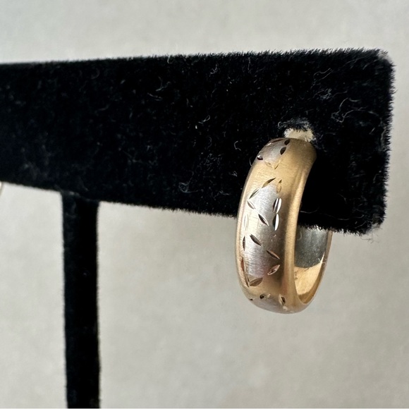 14k Solid Gold Two Toned Etched Post Earrings - Picture 2 of 16